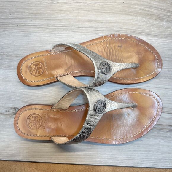 Tory Burch Sandals Cameron Size 7M Pewter Croc Embossed Leather Thong Flats - Picture 10 of 10